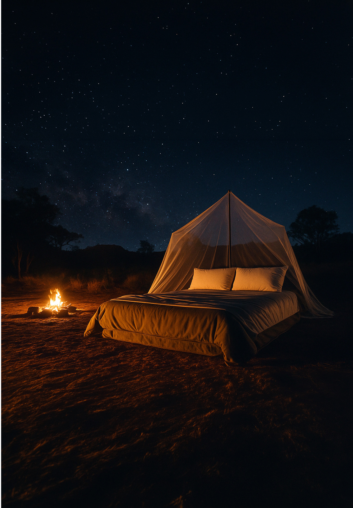 Queen bed under the stars beside a campfire