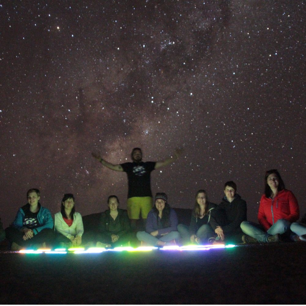 Group under the Milky Way lit by fairy lights