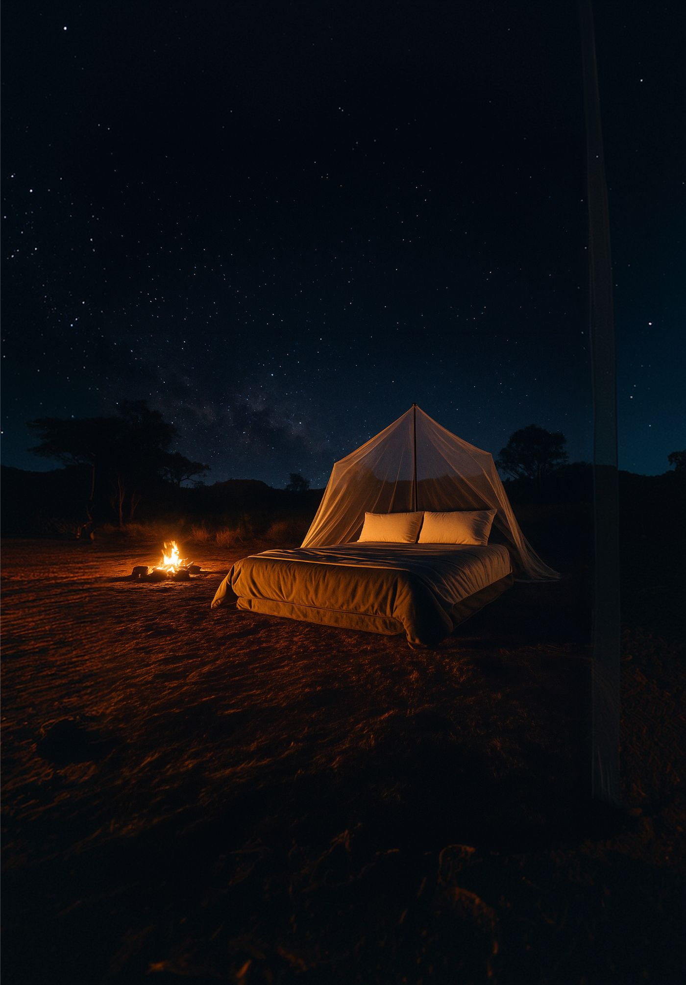 Queen bed under a mosquito net beside a campfire at night